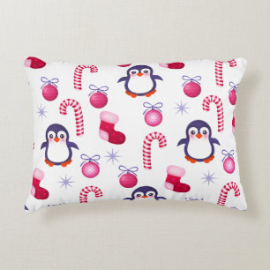 Cute Pink & White Christmas Pattern with Penguins Accent Pillow