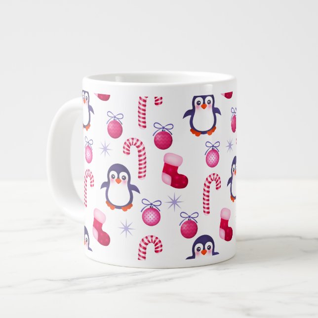 Cute Pink & White Christmas Pattern with Penguins Large Coffee Mug (Front Left)