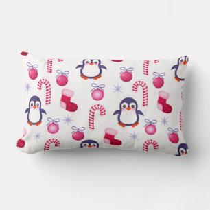 Cute  Pink & White Christmas Pattern with Penguins Lumbar Pillow
