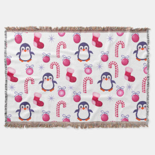 Cute Pink & White Christmas Pattern with Penguins Throw Blanket