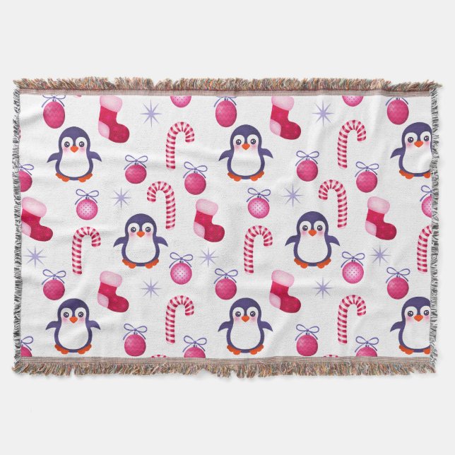 Cute Pink & White Christmas Pattern with Penguins Throw Blanket (Front)
