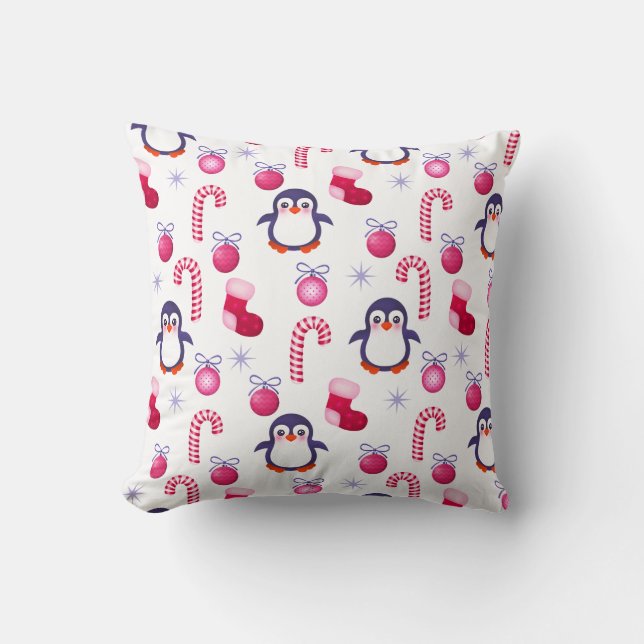 Cute  Pink & White Christmas Pattern with Penguins Throw Pillow (Front)