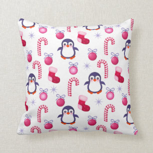 Cute  Pink & White Christmas Pattern with Penguins Throw Pillow