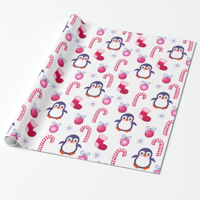 Cute Pink & White Christmas Pattern with Penguins Wrapping Paper (Unrolled)