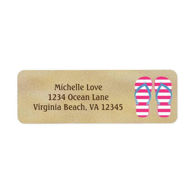 Cute Pink White Flip Flops on Sand Beach Address (Front)