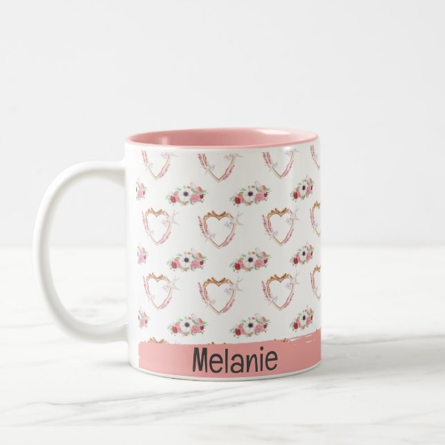 Cute Pink White Floral Heart Pattern Birthday Two-Tone Coffee Mug (Left)