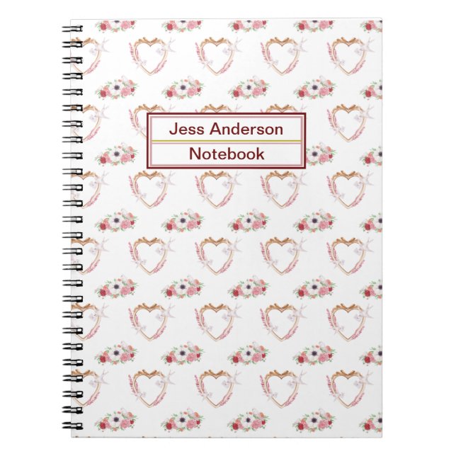 Cute Pink White Floral Heart Pattern Notebook (Front)