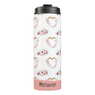 Cute Pink White Floral Heart Pattern  Thermal Tumbler