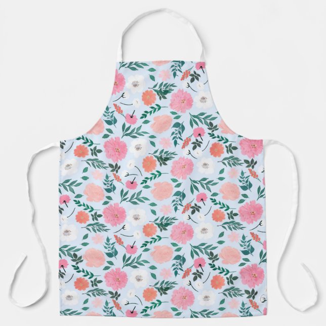 Cute Pink & White floral Paint Light blue design Apron (Front)