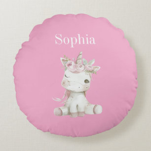 Cute Pink White Floral Unicorn Round Pillow