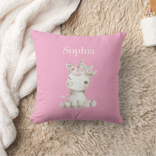 Cute Pink White Floral Unicorn Throw Pillow