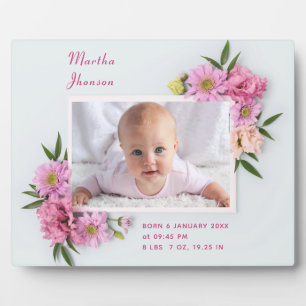 Cute Pink white Floral Watercolor Baby Girl Photo Plaque