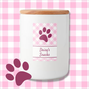 Cute Pink White Gingham Chequered Pattern Paw Name Food Label