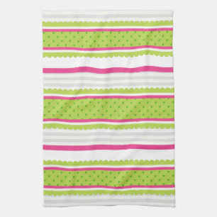 Cute Pink White Green Stripes Polka Dot Pattern Kitchen Towel