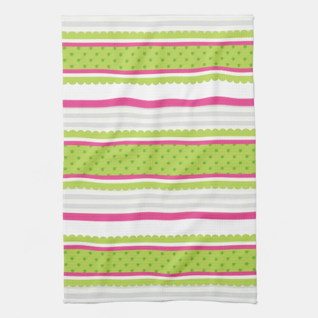 Cute Pink White Green Stripes Polka Dot Pattern Kitchen Towel (Vertical)