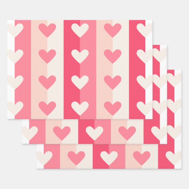 Cute Pink White Heart Pattern Valentine Sweetheart Wrapping Paper Sheet (Set)