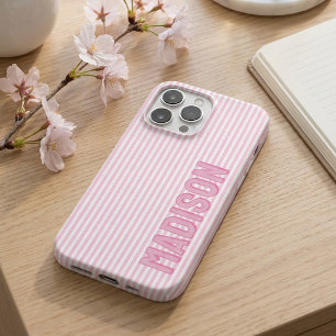 Cute Pink & White Pinstripe Personalized Name iPhone 16 Pro Case