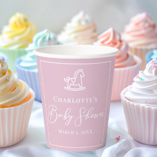 Cute Pink White Rocking Horse Baby Shower Paper Cups