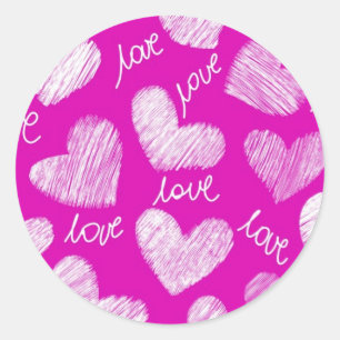 Cute Pink White Scribbled Hearts with Love Script Classic Round Sticker
