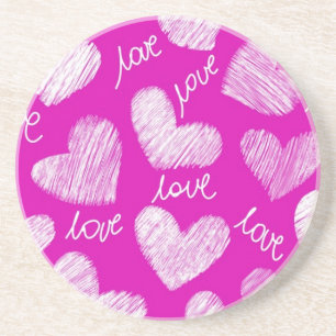 Cute Pink White Scribbled Hearts with Love Script Coaster