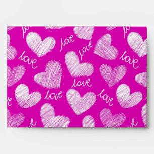 Cute Pink White Scribbled Hearts with Love Script Envelope