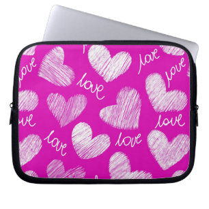 Cute Pink White Scribbled Hearts with Love Script Laptop Sleeve