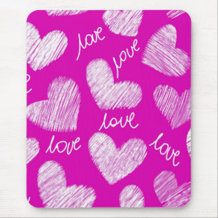 Cute Pink White Scribbled Hearts with Love Script Mouse Pad