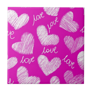 Cute Pink White Scribbled Hearts with Love Script Tile