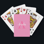 Cute Pink White Script Monogram Playing Cards<br><div class="desc">These cute stylish playing cards feature an elegant arrangement of name (in white) and monogram initial (in hot pink) on a pretty pink background. The design is easy to personalize by typing the name and initial of your choice into the online personalization template before ordering cards.</div>