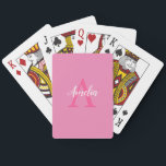 Cute Pink White Script Monogram Playing Cards<br><div class="desc">These cute stylish playing cards feature an elegant arrangement of name (in white) and monogram initial (in hot pink) on a pretty pink background. The design is easy to personalize by typing the name and initial of your choice into the online personalization template before ordering cards.</div>