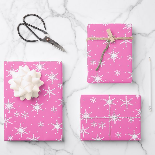 Cute Pink White Snowflake Pattern Xmas Wrapping Paper Sheet (Front)