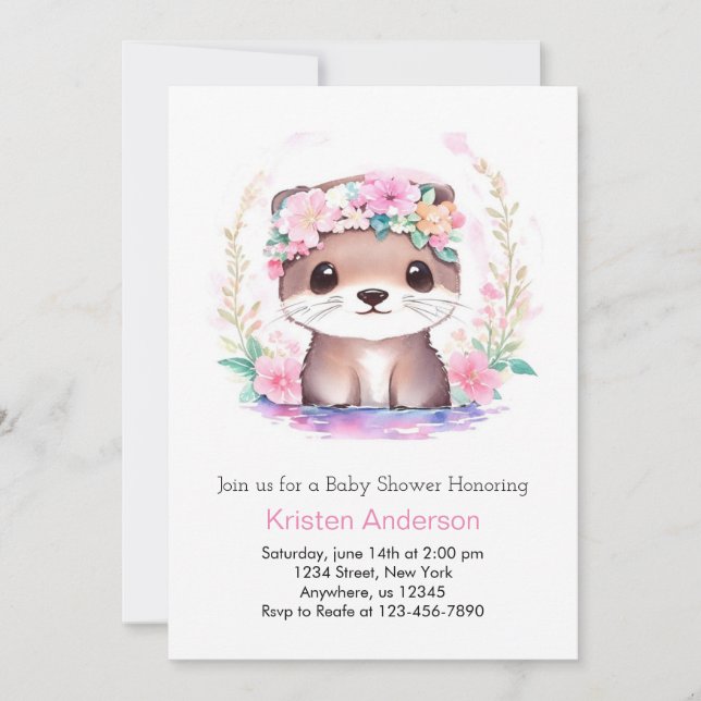 Cute Pink Wildflower Otter Magic Girl Baby Shower Invitation (Front)