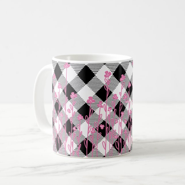 Cute pink wildflowers doodle black white plaid coffee mug (Front Left)