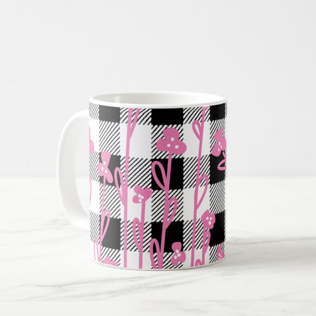 Cute pink wildflowers doodle black white plaid coffee mug (Front Left)