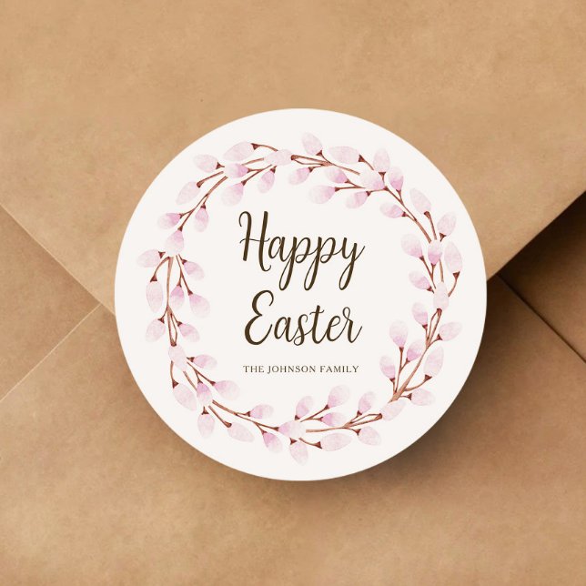 Cute Pink Willow Happy Easter Classic Round Sticker (Cute Pink Willow Happy Easter Classic Round Sticker)
