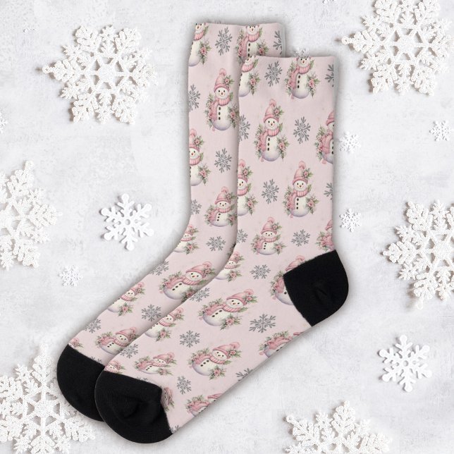 Cute Pink Winter Snowman Christmas Socks (Creator Uploaded)