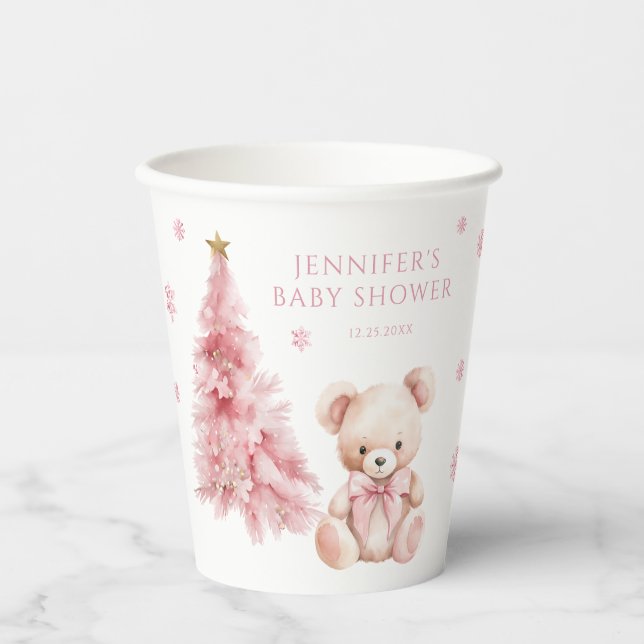Cute Pink Winter Teddy Bear Bow Baby Girl Shower Paper Cups (Front)