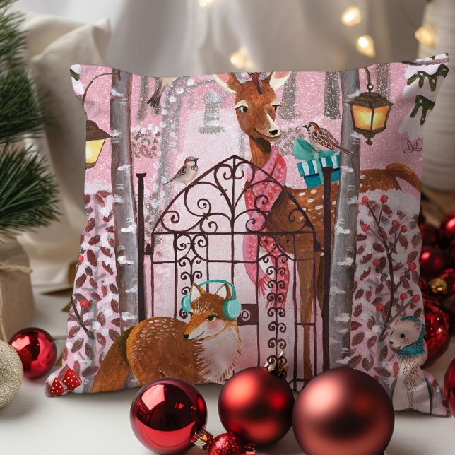 Cute Pink Winter Woodland Animals Holiday Throw Pillow (Cute Pink Winter Woodland Animals Holiday Throw Pillow)
