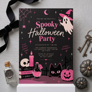 Cute Pink Witchy Spooky Halloween Party Invitation