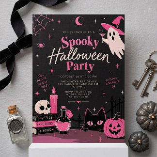 Cute Pink Witchy Spooky Halloween Party Invitation