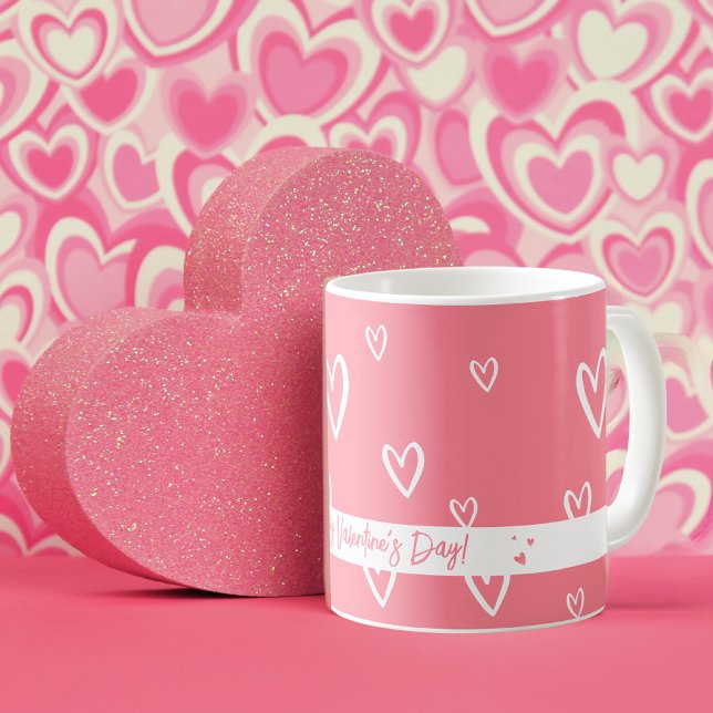 Cute Pink with White Heart Pattern  Coffee Mug (Cute Pink with White Heart Pattern Coffee Mug)