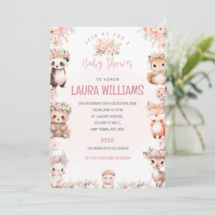 Cute Pink Woodland Animals Baby Shower Invitation