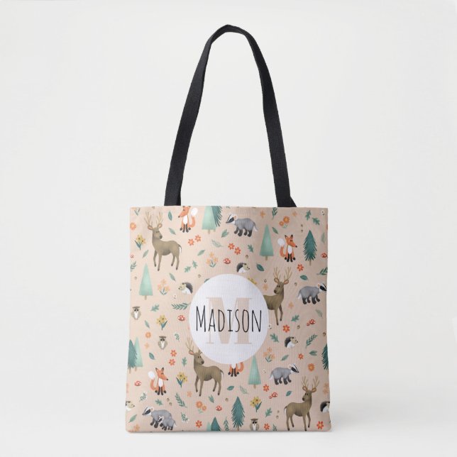 Cute Pink Woodland Animals Monogram Kids Tote Bag (Front)