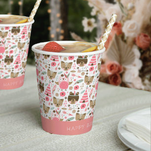 Cute Pink Woodland Animals Personalized Birthday Paper Cups