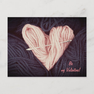 Cute pink wool heart with tapestry needle postcard