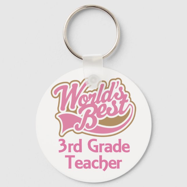 Cute Pink Worlds Best 3rd Grade Teacher Keychain (Front)