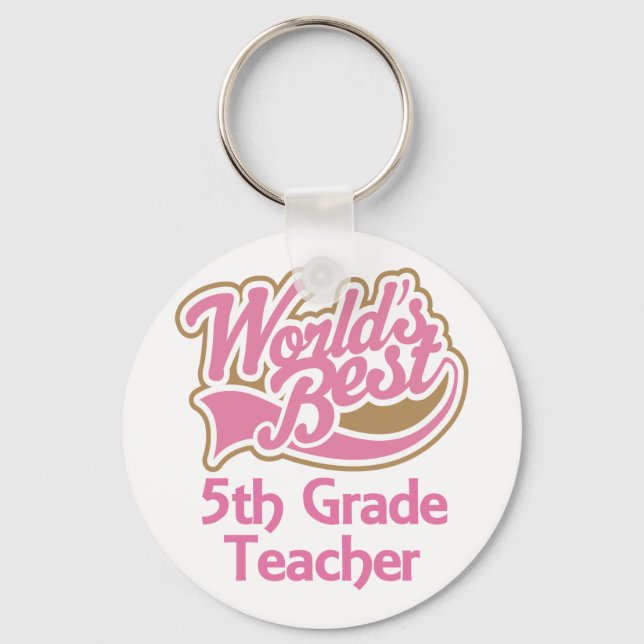 Cute Pink Worlds Best 5th Grade Teacher Keychain (Front)