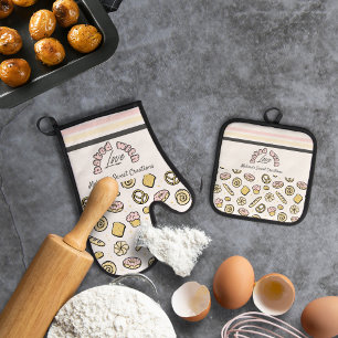 Cute Pink Yellow Baked With Love Oven Mitt & Pot Holder Set