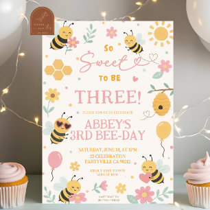 Cute Pink Yellow Bee Birthday any age birthday in Invitation