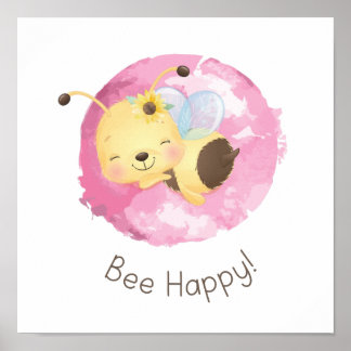 Cute Pink/Yellow Bee Happy Girls Nursery Wall Art 